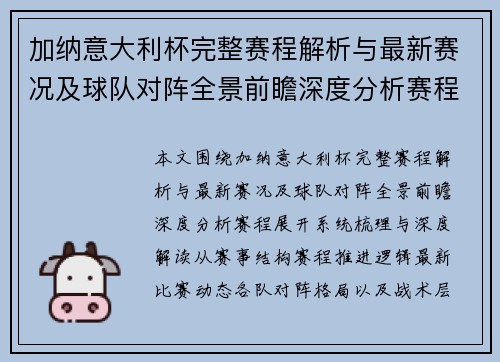 加纳意大利杯完整赛程解析与最新赛况及球队对阵全景前瞻深度分析赛程